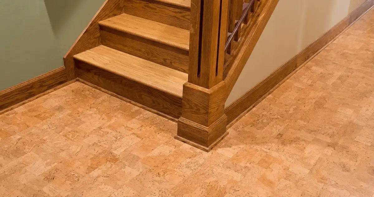 End of a staircase with cork flooring in Boulder, CO