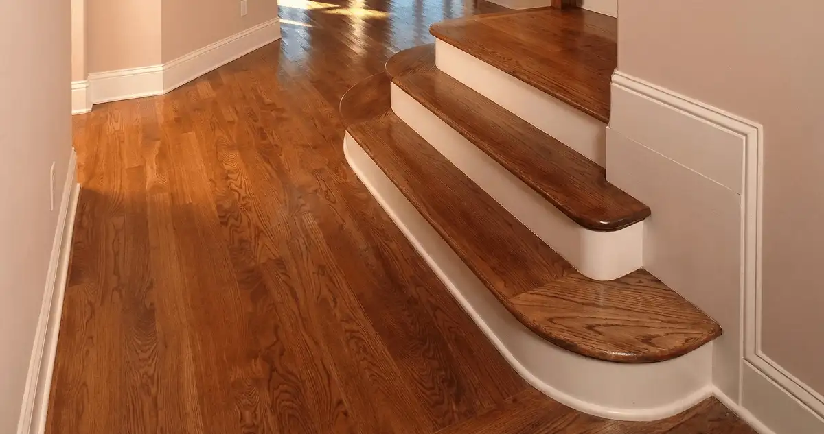 Base floor of a staircase with professionally restored wood flooring in Boulder CO