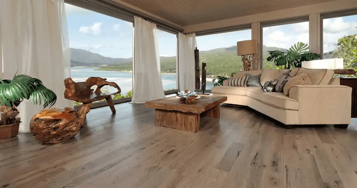 Professionally installed vinyl flooring in a modern living room with large windows in Boulder, CO